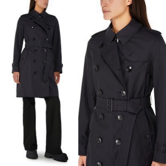 BURBERRYBlack Mid-Length Kensington Heritage Trench Coat Size: 2